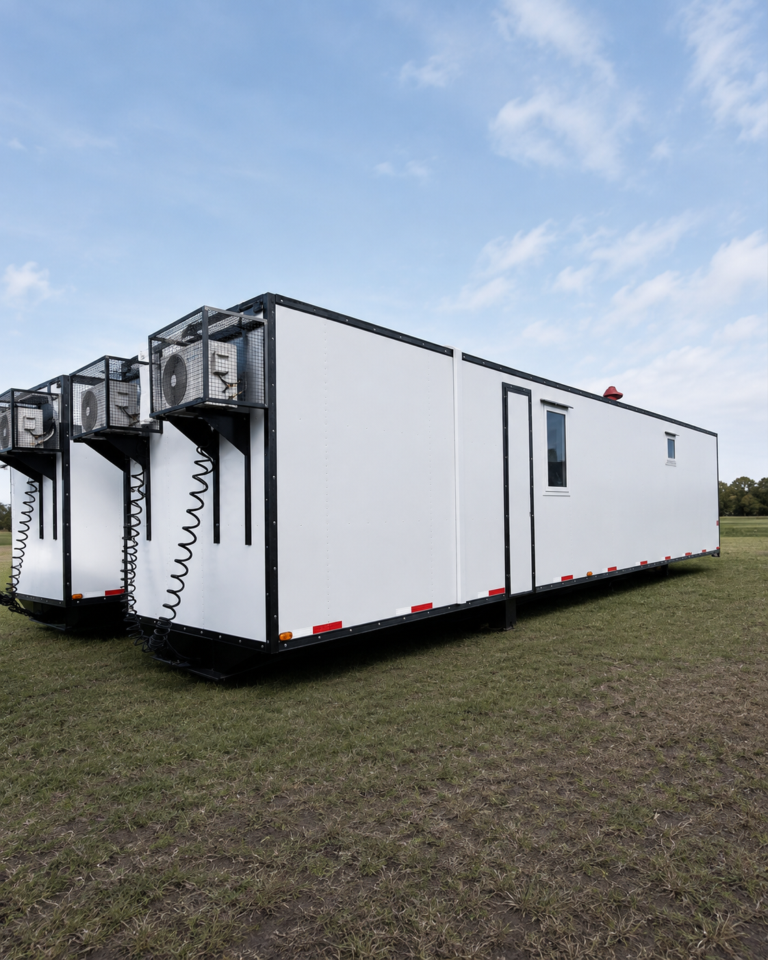 Unidad habitacional móvil Oil Trailers en un yacimiento patagónico al atardecer, ventanas iluminadas contra el cielo azul