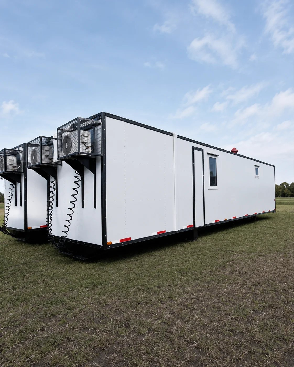 Unidad habitacional móvil Oil Trailers en un yacimiento patagónico al atardecer, ventanas iluminadas contra el cielo azul